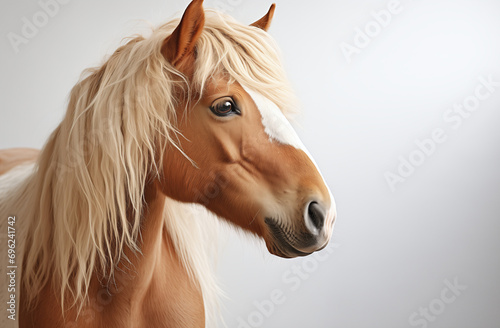 Close up portrait of a beutiful red horse made in studio light on a plain white background. Banner  poster  postcard  wallpaper. Isolated