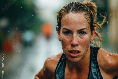 A woman running a marathon, her face determined and her body covered in sweat