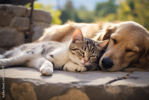 a cat and a sleeping dog