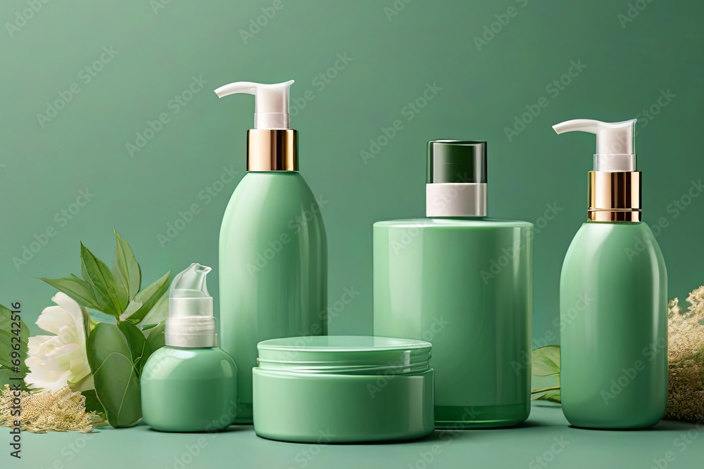 Explore natural cosmetic mockup set on lush green background Variety of containers for cream, soap, and oil. Perfect for organic beauty advertising.