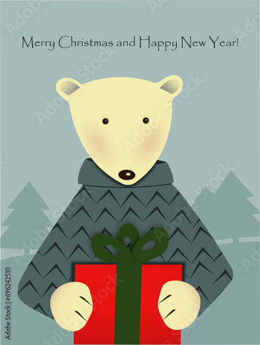 A cute polar bear in a blue sweater gives a gift. Illustration. Happy New Year and Merry Christmas!
