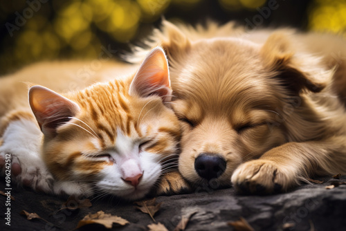 a cat and a sleeping dog