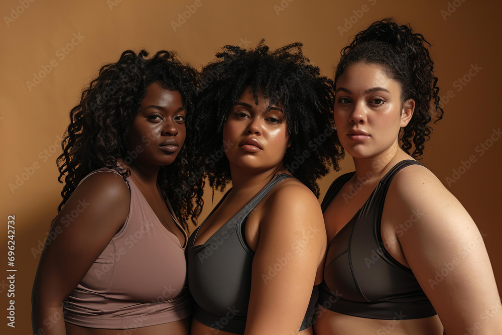 Obraz premium three plus sized diverse women in sports clothes on a pastel brown background, studio portrait, candid