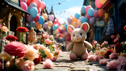 Rabbit doll with colorful balloons on the background of flower garden.