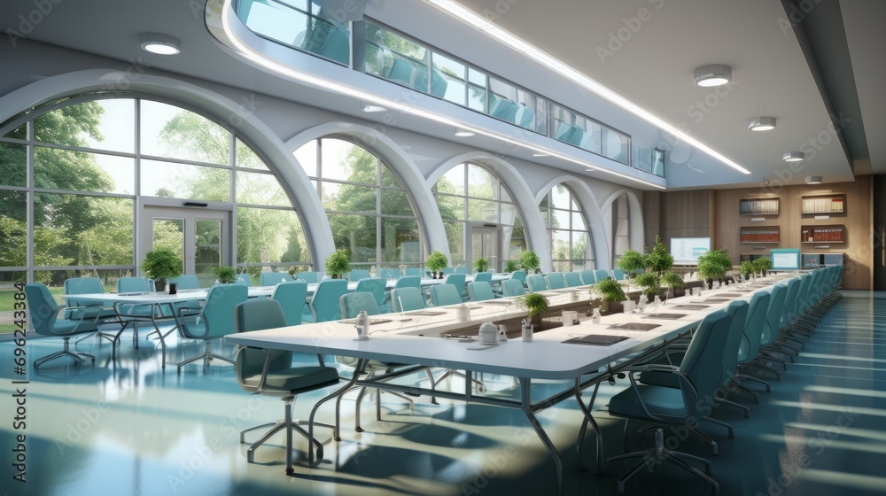 a large spacious open workspace with long meeting tables, pale blue office chairs, futuristic windows. Long hall for school classes, business meetings, seminars and sales presentation