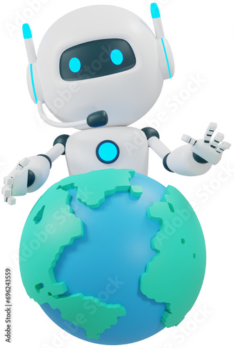 AI chat robot holding world.  Chat bot and artificial intelligence robotics trends technology influence in worldwide business. 3D cartoon character