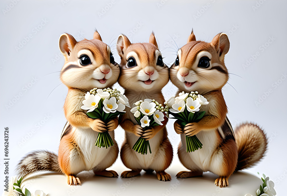 Cute chipmunk couple with white bouquet, animal wedding celebration concept greeting card Cute chipmunk couple with white bouquet, animal wedding celebration concept greeting card