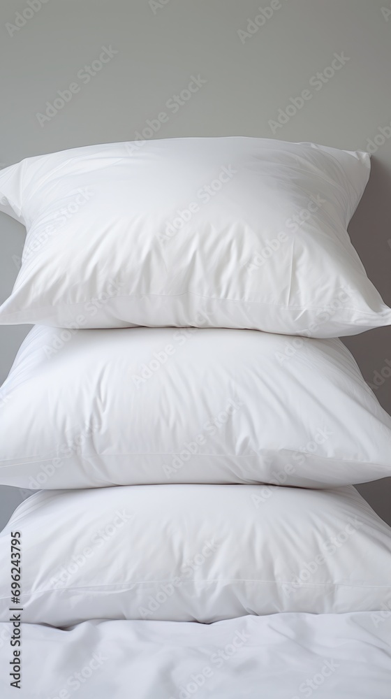 Close-up on minimalistic hotel bedding: clean white pillows stacked on top of each other, duvets blankets, bedsheets neatly placed on a bed linen, vertical Close-up on minimalistic hotel bedding: clean white pillows stacked on top of each other, duvets blankets, bedsheets neatly placed on a bed linen, vertical