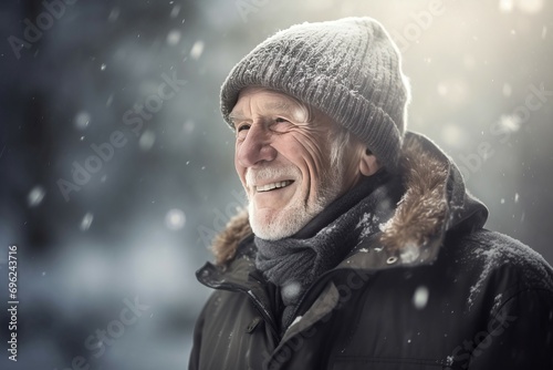 Old man winter. Pensionary with gray hair rejoices snow white and clean. Generate AI photo