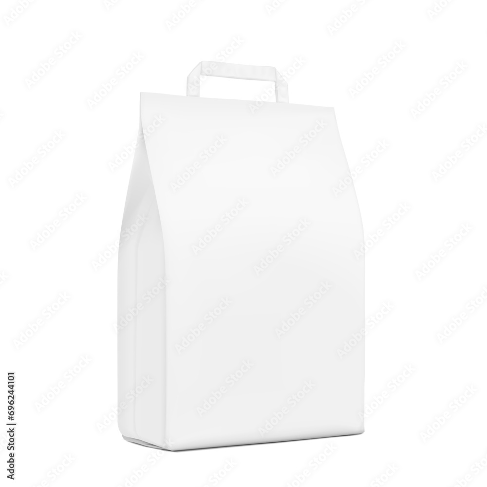 Paper packaging bag with handle mockup. Half side view. Vector illustration isolated on white background. Ready for use in presentation, promo, advertising and more. EPS10. Paper packaging bag with handle mockup. Half side view. Vector illustration isolated on white background. Ready for use in presentation, promo, advertising and more. EPS10.