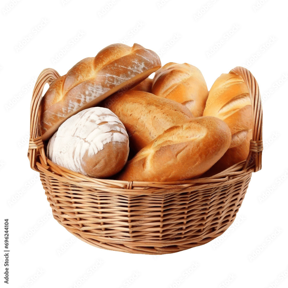 Basket of Variety Bread Loaves on transparent background