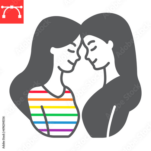 Lesbian couple glyph icon, LGBT and marriage, homosexual couple vector icon, vector graphics, editable stroke solid sign, eps 10.