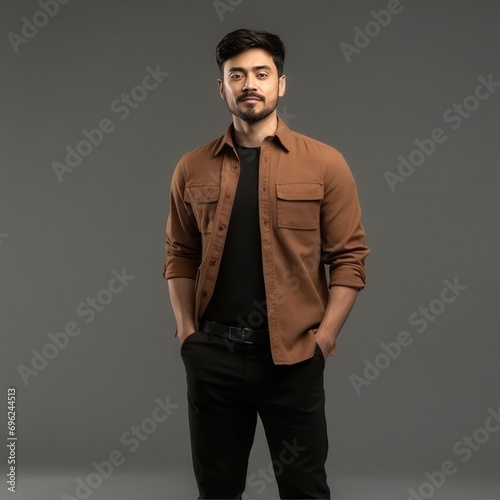 Attractive young man posing for a photo in a tan shirt and black pants A fictional character created by Generated AI. 