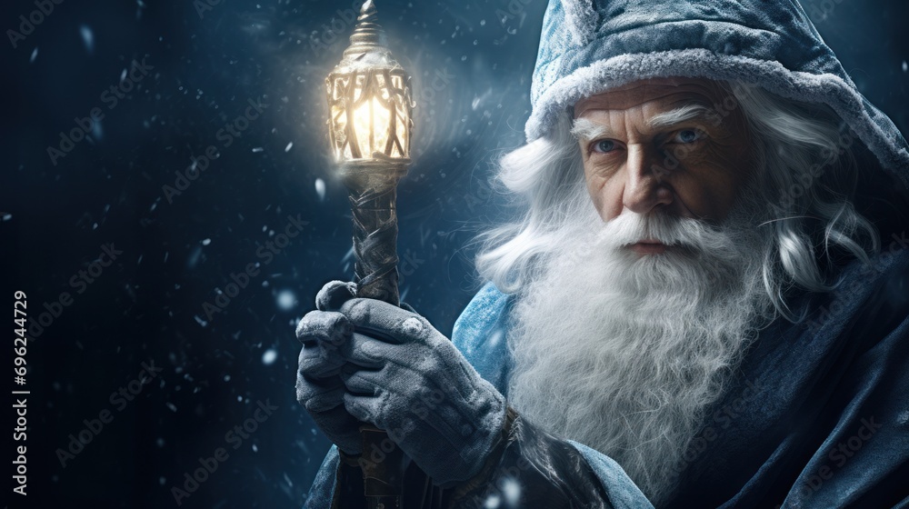Obraz premium Dive into the enchanting atmosphere of Christmas with a close-up of Santa Claus, his white beard and mustache framed by the falling evening snow.