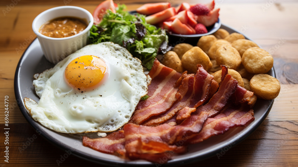 American breakfast plate with sunny-side-up egg, bacon, hash browns, and salad. collection of delicious food and breakfast theme American breakfast plate with sunny-side-up egg, bacon, hash browns, and salad. collection of delicious food and breakfast theme