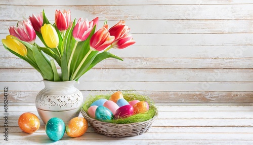 Kolorowe tulipany w wazonie, pisanki w koszyku na tle białych desek. Wielkanocne tło z miejscem na tekst