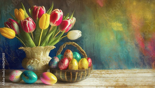 Colorful Easter background on brown boards with Easter eggs in a basket and tulips in a vase