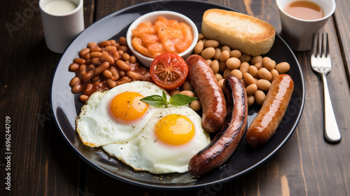English breakfast plate with eggs, sausages, baked beans, toast, and tomato. collection of delicious food and breakfast theme