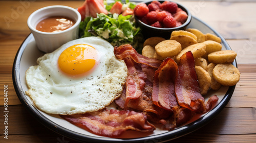 American breakfast plate with sunny-side-up egg, bacon, hash browns, and salad. collection of delicious food and breakfast theme