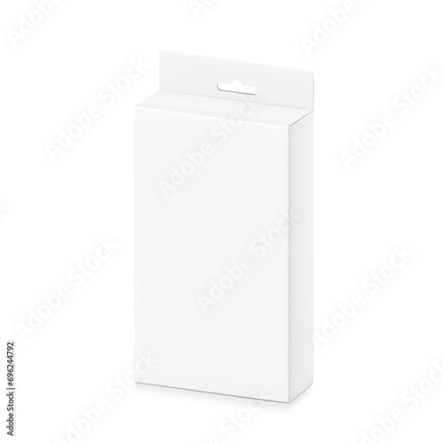 White package box with hang slot mockup for electronic and mobile accessories. Half side view. Vector illustration isolated on white background. Ready and simple to use for your design. EPS10.