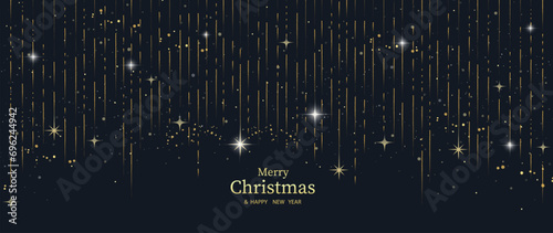 Luxury christmas and happy new year concept background vector. Elegant glittering gold christmas meteor decorated with twinkling star on dark blue background. Design for wallpaper, card, cover,poster. photo