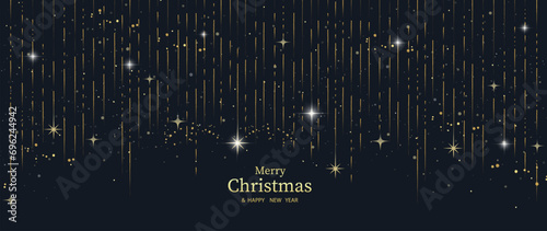 Luxury christmas and happy new year concept background vector. Elegant glittering gold christmas meteor decorated with twinkling star on dark blue background. Design for wallpaper, card, cover,poster.