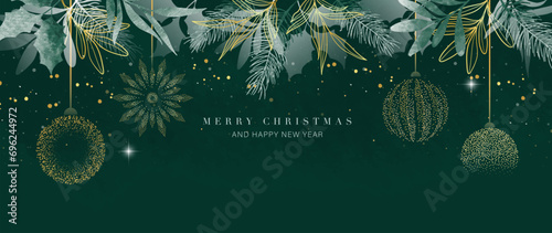 Luxury christmas and happy new year concept background vector. Elegant glittering gold christmas foliage decorated with ball on dark green background. Design for wallpaper, card, cover, poster.