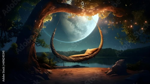 The big moon and the crescent shape hammock under the tree on a dark moonlight photo