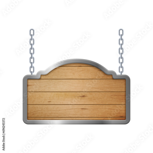 Vector wooden boards metal frame on ropes realistic sign