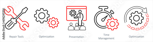 A set of 5 Mix icons as repair tools, optimization, hand tool