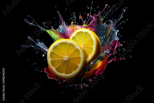 Lemon exploded with colorful paint and splashes. Falling of lemon with water splash isolated on black background