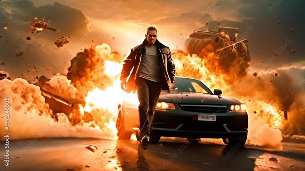 Action shot with man running away from explosion on car. Dynamic scene with fire in action movie blockbuster style. Generated AI