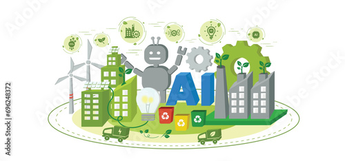 Green technology concept. Artificial Intelligence, AI and robot help in sustainable development and eco friendly system. Environmental technology with icons. Vector illustration for web banner.