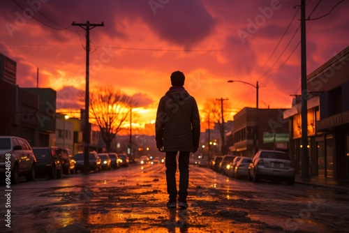 Man strolling through sunset cityscape, beautiful sunrise image