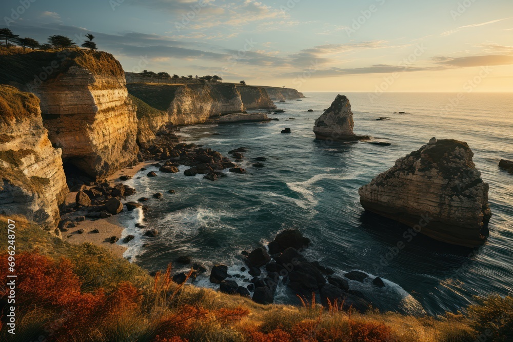Cliffside overlooking vast seascape, beautiful sunrise image
