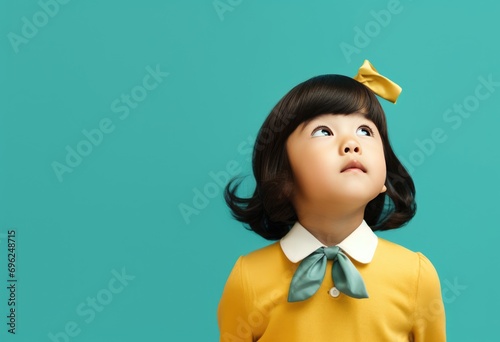 Adorable young girl gazes upward, deep in thought
