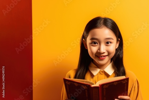 A young girl reads a book with a smile on her face