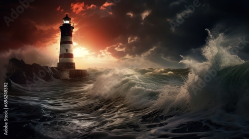 Nature's luminous security: The brilliance of a lighthouse, set against a stormy sky and ocean, evokes a sense of safety and navigational guidance.