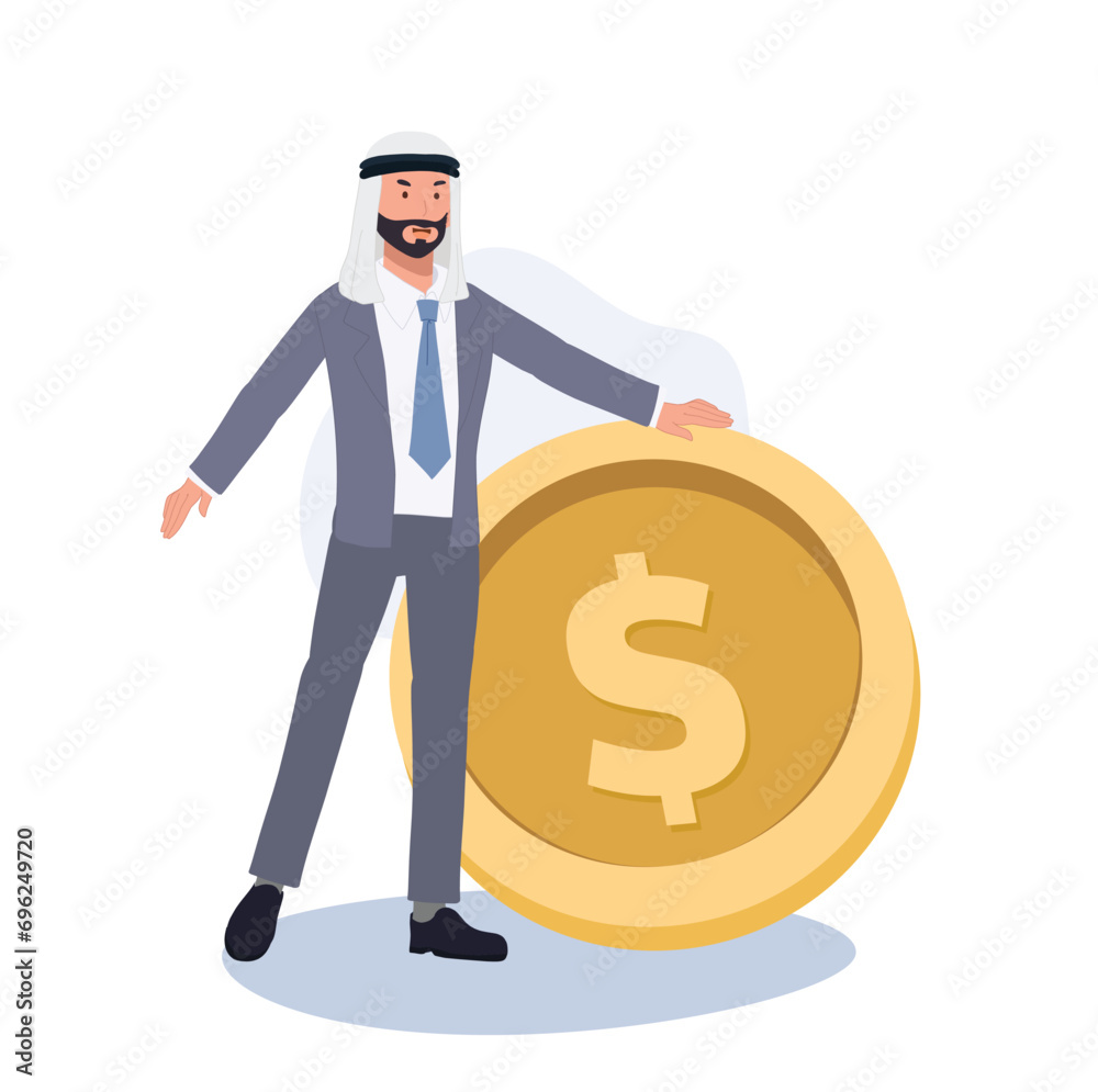Wealth and Success with Professional Arab Man in Suit near Big Golden Coin Wealth and Success with Professional Arab Man in Suit near Big Golden Coin