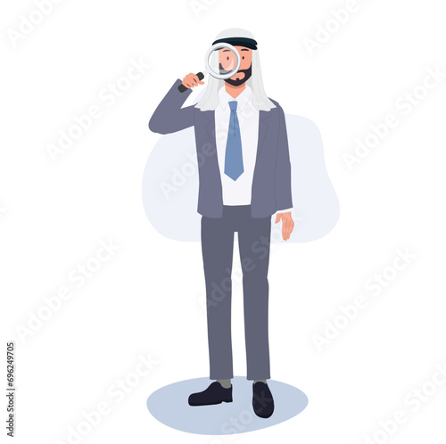 Searching and Analyzing Concept. Professional Arab Businessman with Magnifying Glass.