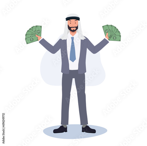 Finance Concept. Wealthy Arab Businessman in Suit with Cash,money fan.