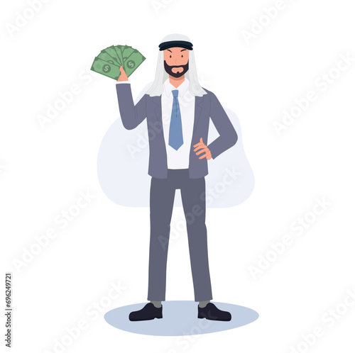 Finance Concept. Wealthy Arab Businessman in Suit with Cash,money fan.