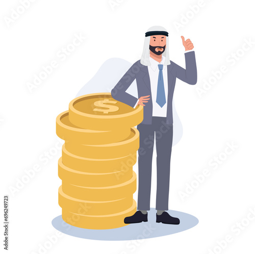  Business Finance Wealth and Success concept. Arab Man in Suit with Thumb Up near stack of coin.