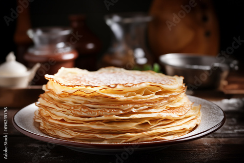Close up of a stack of crepes (french pancakes) on a plate, Chandeleur celebration