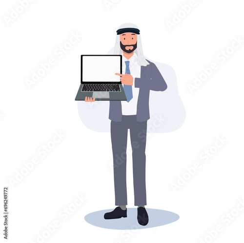 Arab Businessman Giving Presentation with Laptop. Digital Seminar