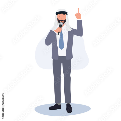 Confident Arab Speaker on Stage. Business Presentation. Professional Arab Businessman Speaking with microphone.