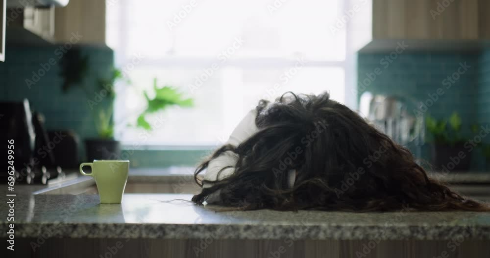 Tired, woman or sleeping in kitchen with burnout, stress anxiety or low energy in home. Fatigue, depression or lazy female person with coffee drink or head down in nap at table to relax for resting