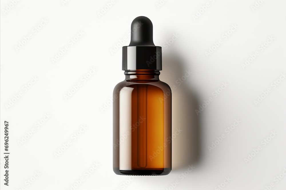 High Angle Shot of Brown Dropper Glass Bottle on Elegant White Podium. Skincare Concept High Angle Shot of Brown Dropper Glass Bottle on Elegant White Podium. Skincare Concept
