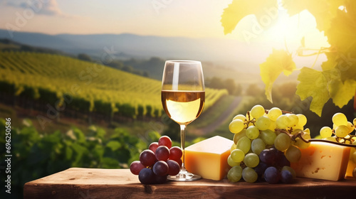 copy space  stockphoto  Grape wine in glass   Bunch of grapes on the table and cheese. Vineyard in the background. Concept of summer or autumn. National Drink Wine Day.