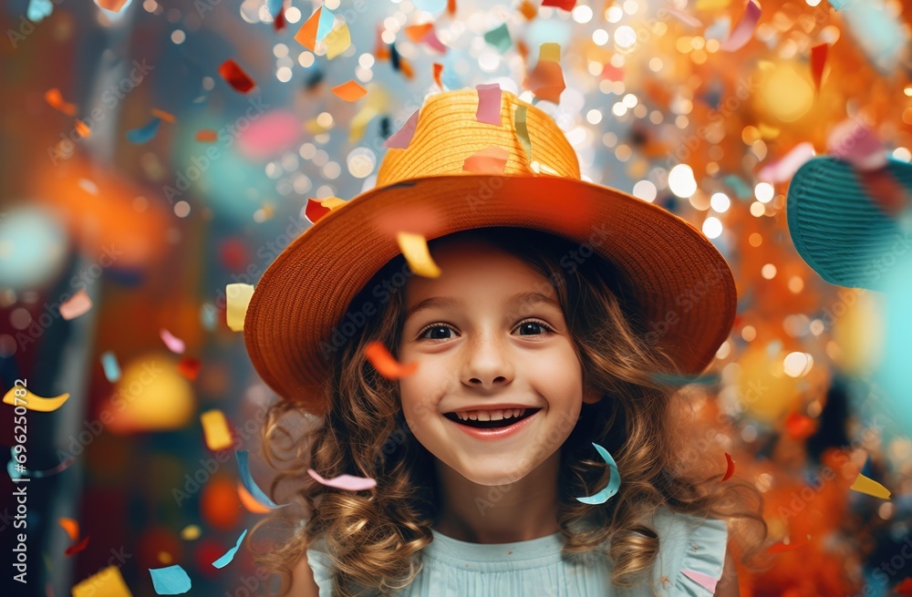 Happy child wearing a colorful hat, surrounded by confetti. Happy child wearing a colorful hat, surrounded by confetti.